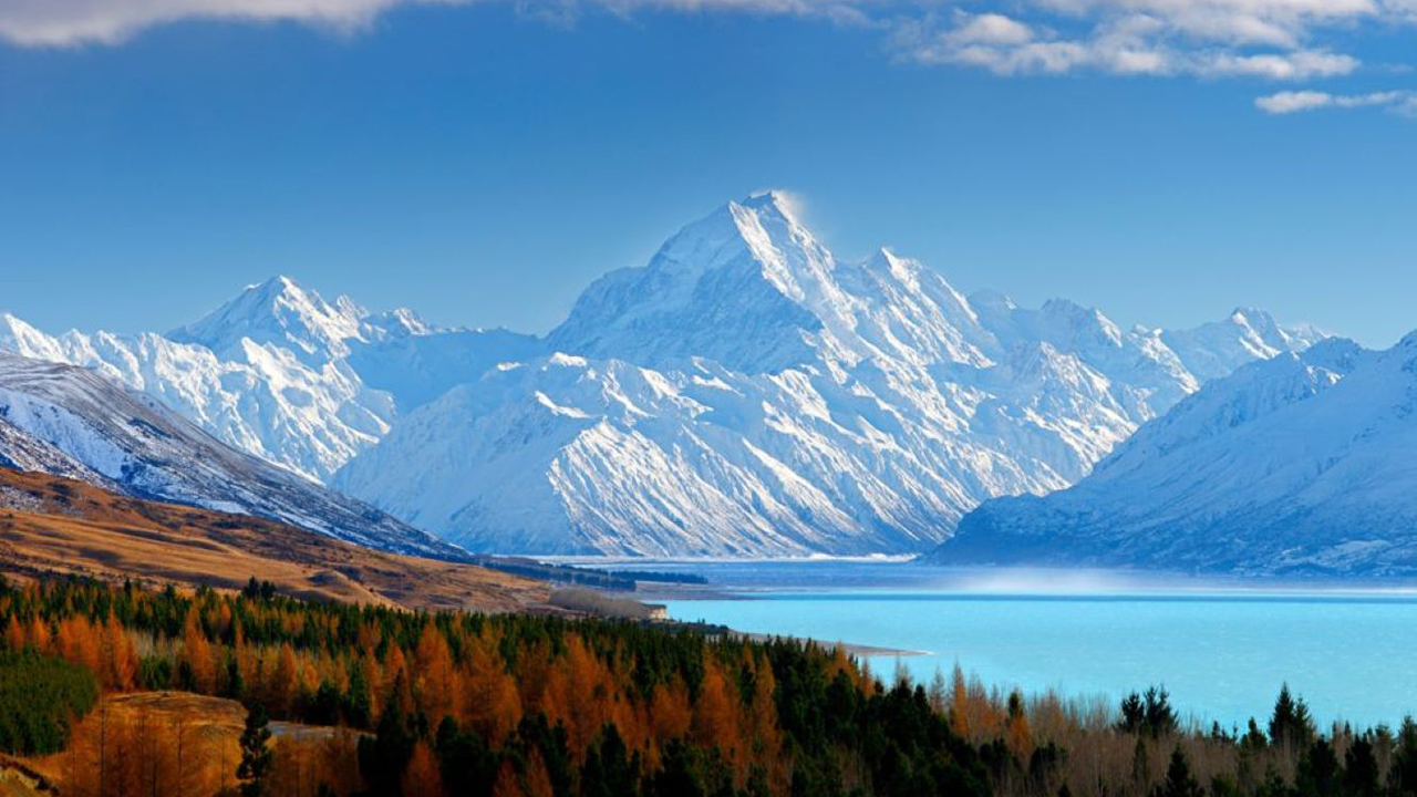 image of snowy mt cook with blue lake in front